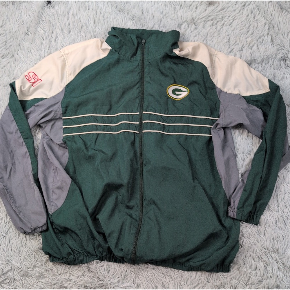 Green Bay Packers Jacket Mens XL Green SI Football NFL Logo Zip Up Windbreaker